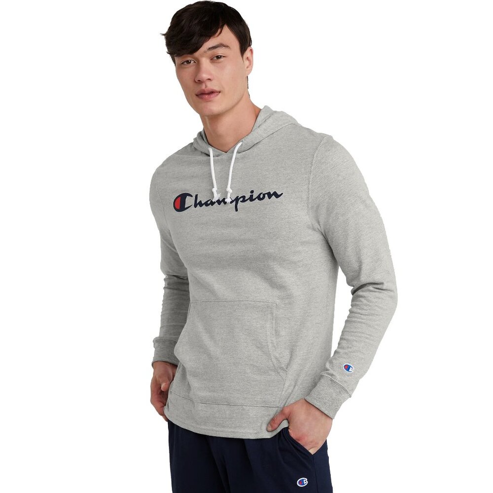 NEW Champion Midweight T Shirt Pullover Hoodie! Gray Graphic Script Logo #t4177